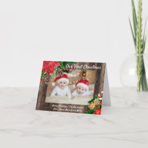 Rustic Wood Red Poinsettias vår första jul Helgkort