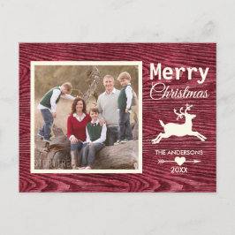Rustic Wood Red Reindeer Christmas Family Photo Helg Vykort