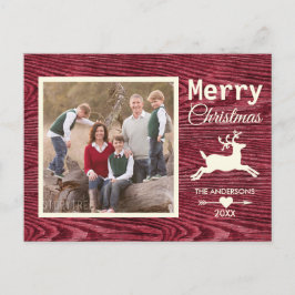 Rustic Wood Red Reindeer Christmas Family Photo Helg Vykort