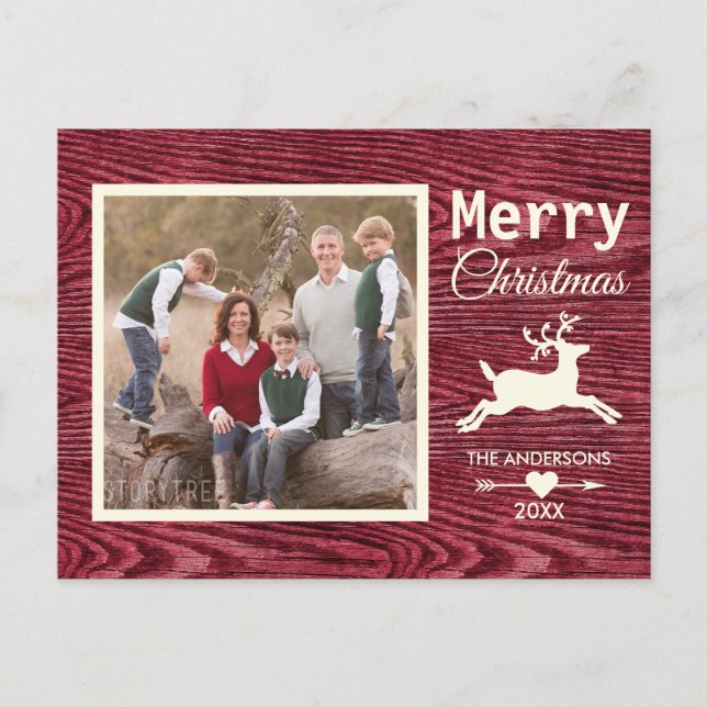 Rustic Wood Red Reindeer Christmas Family Photo Helg Vykort (Framsida)
