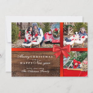 Rustic Wood & Red Ribbon 3 Photo jul Collage Julkort