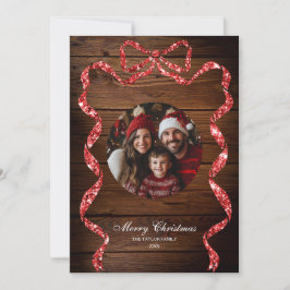 Rustic Wood Red Ribbon Photo God jul Inbjudningar