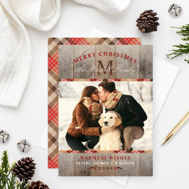 Rustic Wood Red Tartan Play jul Monogram Julkort