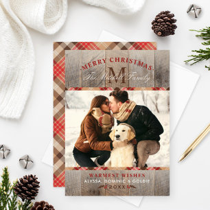 Rustic Wood Red Tartan Play jul Monogram Julkort