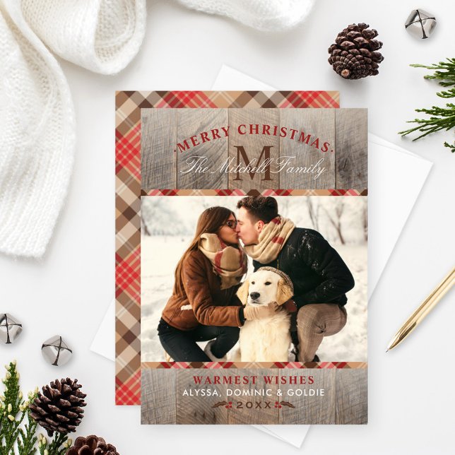 Rustic Wood Red Tartan Play jul Monogram Julkort (Skapare uppladdad)