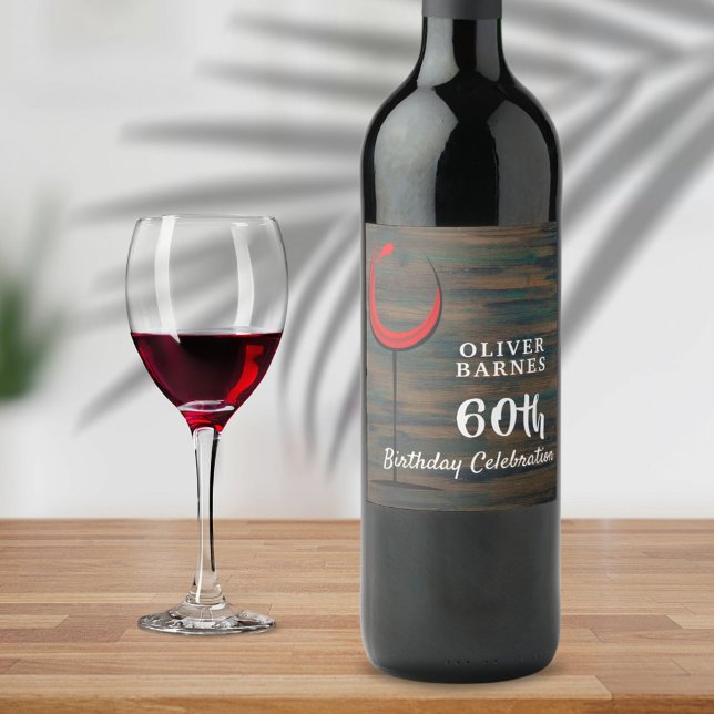 Rustic Wood Red Vin 60:e Födelsedagsfesten Vinflaska Etikett (Skapare uppladdad)