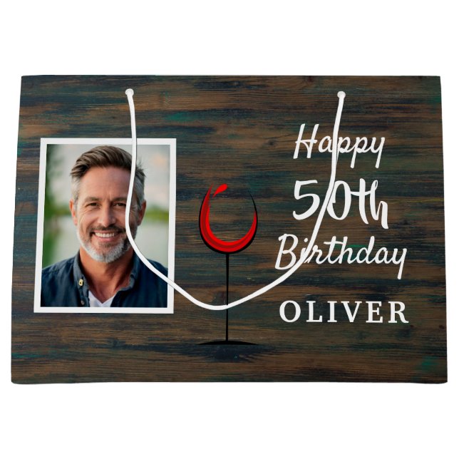 Rustic Wood Red Vin Glass 50:e födelsedag Foto (Framsidan)