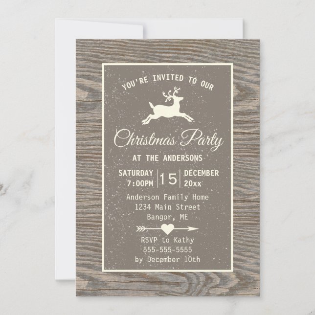 Rustic Wood Reindeer Land Beige jul Party Inbjudningar (Framsida)