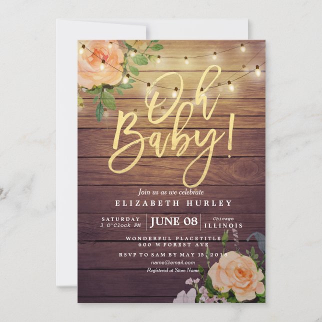 Rustic Wood Ro Blommigt String Light Baby Shower Inbjudningar (Framsida)