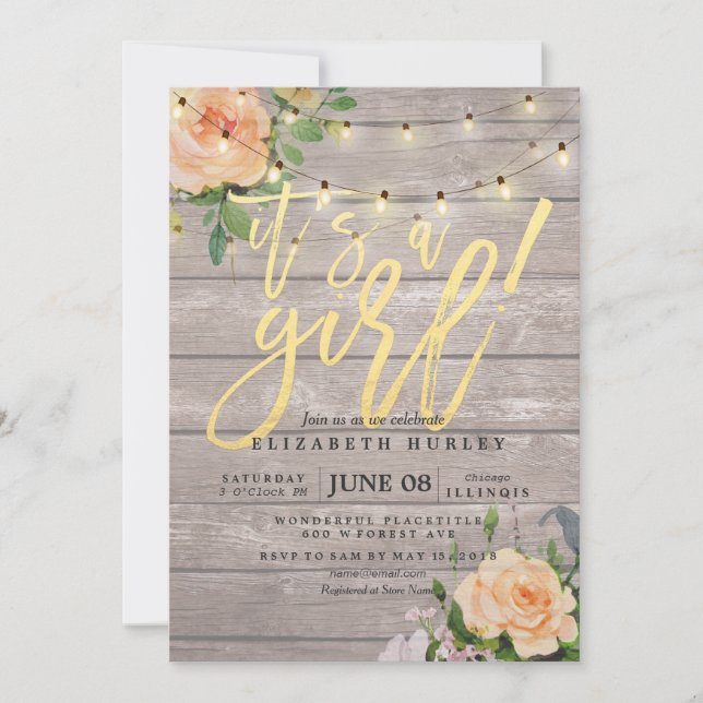 Rustic Wood Ro Blommigt String Light Baby Shower Inbjudningar (Framsida)