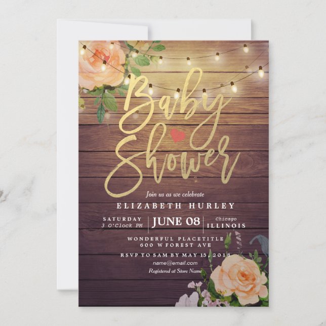 Rustic Wood Ro Blommigt String Light Baby Shower Inbjudningar (Framsida)