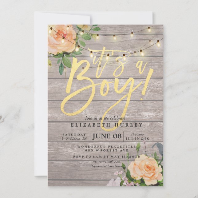 Rustic Wood Ro Blommigt String Light Baby Shower Inbjudningar (Framsida)