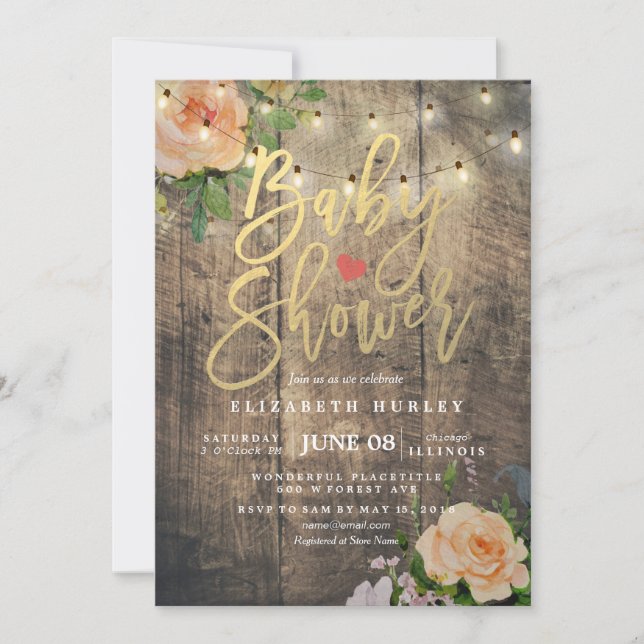 Rustic Wood Ro Blommigt String Light Baby Shower Inbjudningar (Framsida)