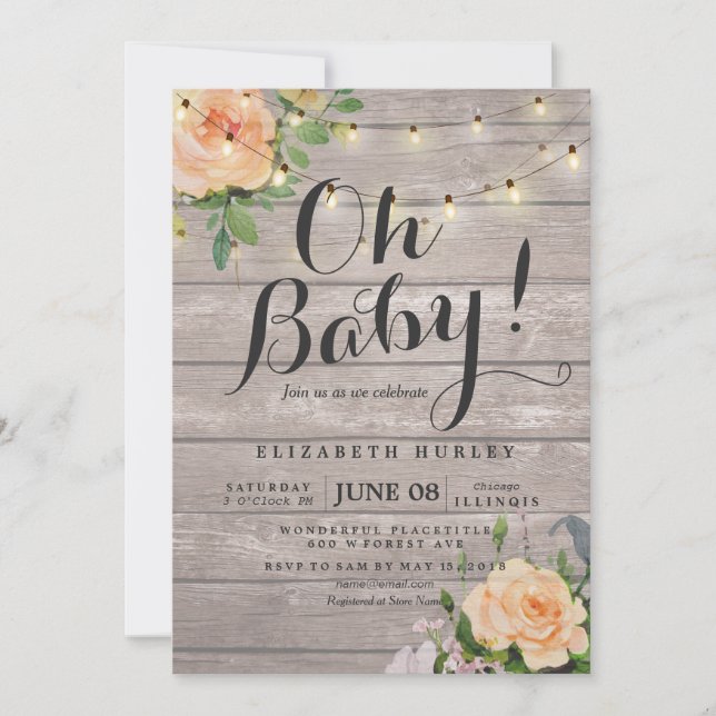 Rustic Wood Ro Blommigt String Light Baby Shower Inbjudningar (Framsida)