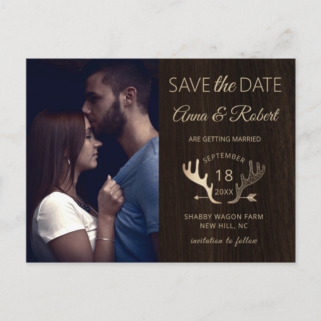 Rustic Wood Ro Guld Antlers Photo Save Date Inbjudan Vykort (Framsida)