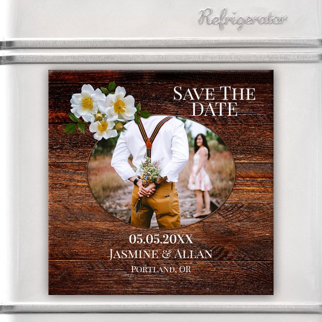 Rustic Wood Ro Photo Spara datum magneter (A rustic wood design Save the Date magnet featuring your own photo and white roses.)