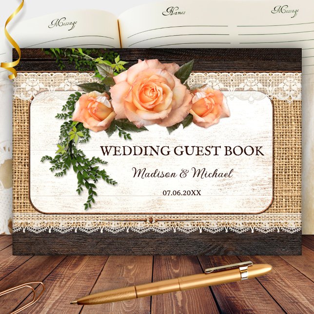 Rustic Wood Ro Romantic Bröllop Gästböcker (Elegant rustic wedding guest book with roses on lace and burlap. Beautiful for a country wedding)