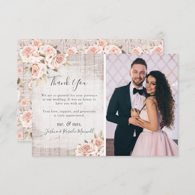 Rustic Wood & Ro Shabby Bröllop Tack Photo (Fram/baksida)