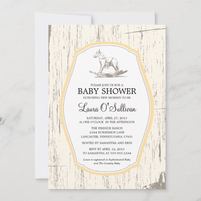 Rustic Wood Rocking Horse Baby Shower Inbjudningar (Framsida)