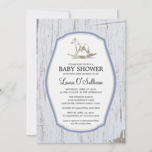 Rustic Wood Rocking Horse Baby Shower Inbjudningar (Framsida)