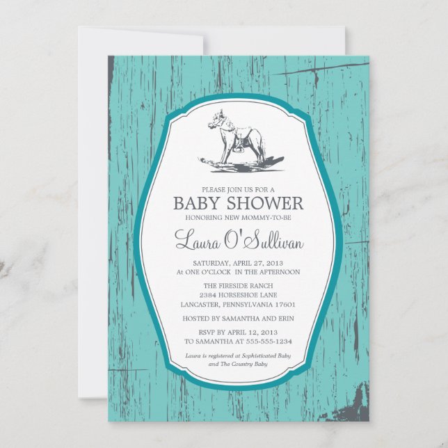 Rustic Wood Rocking Horse Baby Shower Inbjudningar (Framsida)