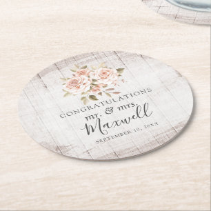 Rustic Wood & Romantic Ro Shabby chic Bröllop Underlägg Papper Rund
