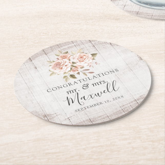 Rustic Wood & Romantic Ro Shabby chic Bröllop Underlägg Papper Rund (Vinklad)