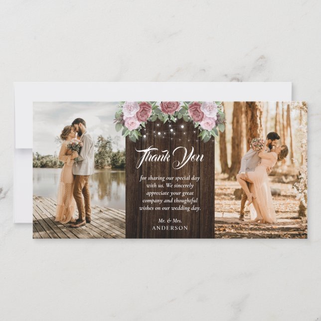 Rustic Wood  Rosa Blommigt Bröllop 2 Foto Tack Kort (Framsida)