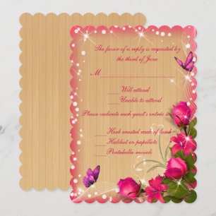 Rustic Wood Rosa Blommigt Butterfly Bröllop Respon Inbjudningar