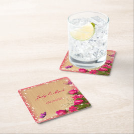 Rustic Wood Rosa Blommigt Butterfly Bröllop Underlägg Papper Kvadrat