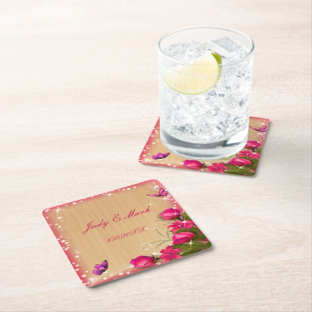 Rustic Wood Rosa Blommigt Butterfly Bröllop Underlägg Papper Kvadrat (Insitu)