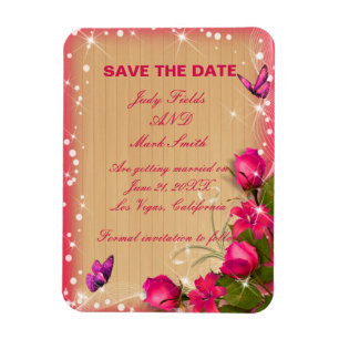 Rustic Wood Rosa Blommigt Butterfly sparar datumet Magnet