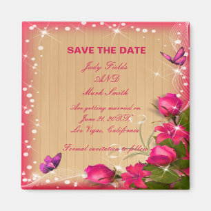 Rustic Wood Rosa Blommigt Butterfly sparar datumet Magnet