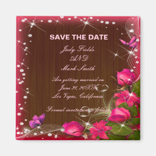 Rustic Wood Rosa Blommigt Butterfly sparar datumet Magnet