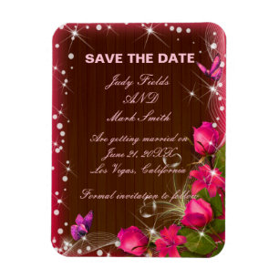 Rustic Wood Rosa Blommigt Butterfly sparar datumet Magnet