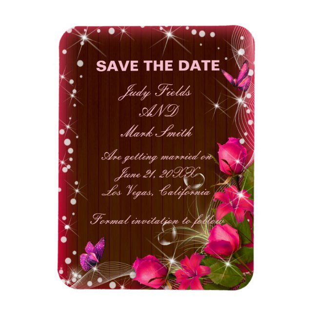 Rustic Wood Rosa Blommigt Butterfly sparar datumet Magnet (Vertikal)