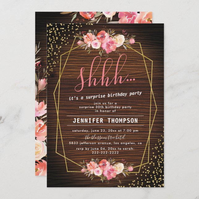 Rustic Wood Rosa Blommigt Surprise Födelsedagsfest Inbjudningar (Fram/baksida)