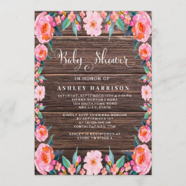 Rustic Wood Rosa Blommigt Watercolor Baby Shower Inbjudningar