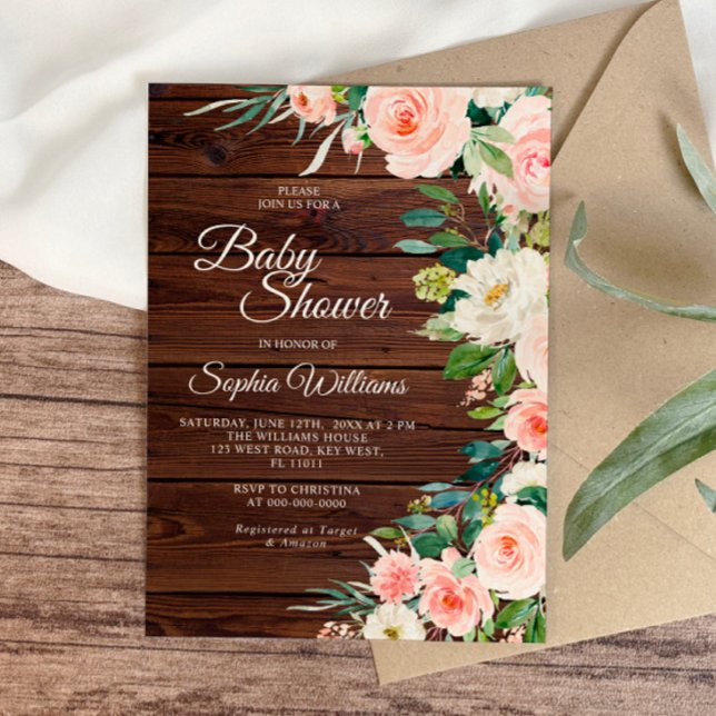 Rustic Wood  Rosa Flowers Baby Shower Inbjudningar (Skapare uppladdad)