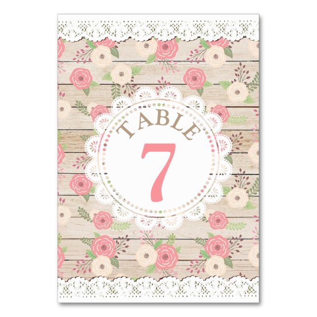 Rustic Wood Rosa Flowers Bröllop Bordsnummer Card (Framsidan)