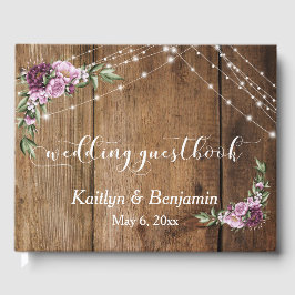Rustic Wood, Rosa Flowers & Ljus Typography Gästböcker