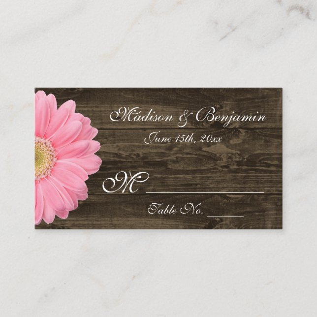 Rustic Wood Rosa Gerber Daisy Bröllop Place Cards Placeringskort (Framsida)