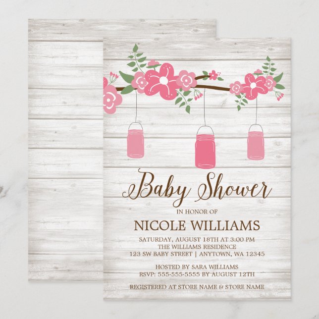 Rustic Wood Rosa Mason Burk Gren Baby Shower Inbjudningar (Fram/baksida)