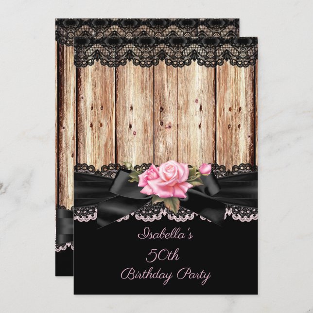 Rustic wood rosa ros Black Snöre bugar 50 år Inbjudningar (Fram/baksida)