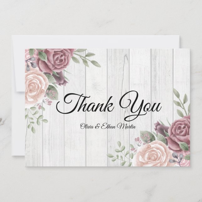 Rustic Wood Rosa Watercolor Boho Blommigt Tack (Framsida)