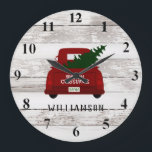 Rustic Wood Round vintage, Röda Lastbil Julgran Stor Klocka<br><div class="desc">Vintage Red Lastbil Rustic Wood Round Clock - har en vacker vintage röd lastbil som bär en nyklippt Julgran och är personlig med din familj namn. Bakgrunden är vitt,  nedtryckt trä. Clock skulle vara ett underbart tillägg till din juldekoration. Clock gör också en mycket tankfull gåva.</div>