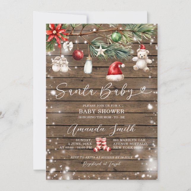 Rustic Wood Santa Baby God jul Baby Shower Inbjudningar (Framsida)