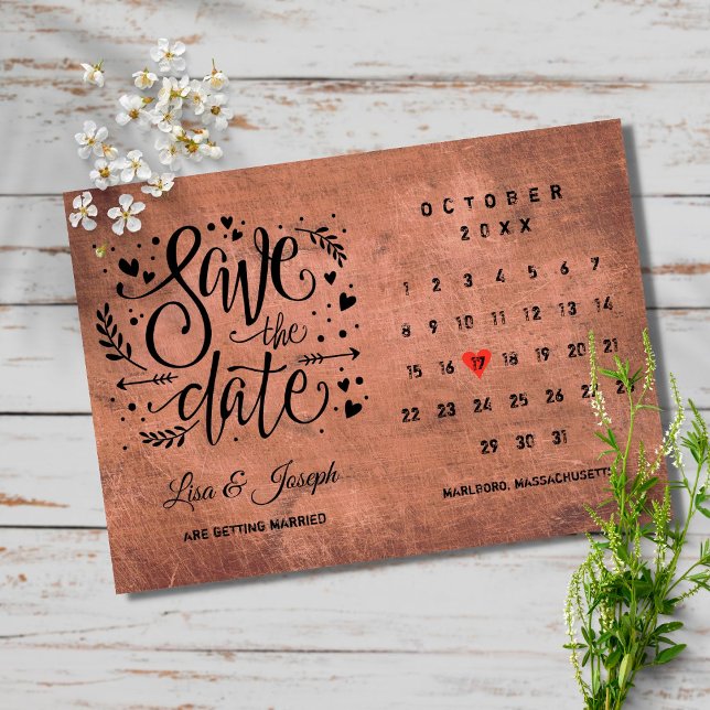 Rustic Wood Save Date Calendar Red Heart Inbjudningar (Skapare uppladdad)