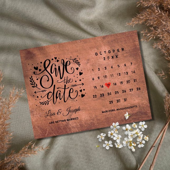 Rustic Wood Save Date Calendar Red Heart Vykort (Skapare uppladdad)