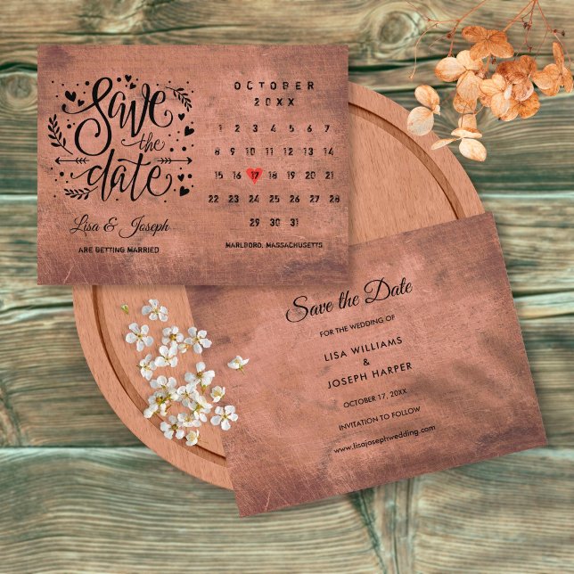 Rustic Wood Save Date Calendar Red Kärlek Heart Meddelande Vykort (Skapare uppladdad)